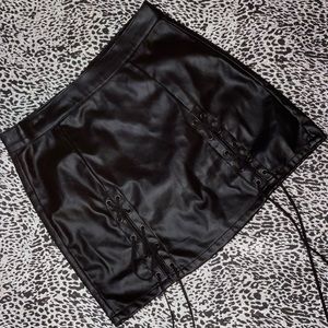 Faux Leather Mini Skirt — Lace Split Detail